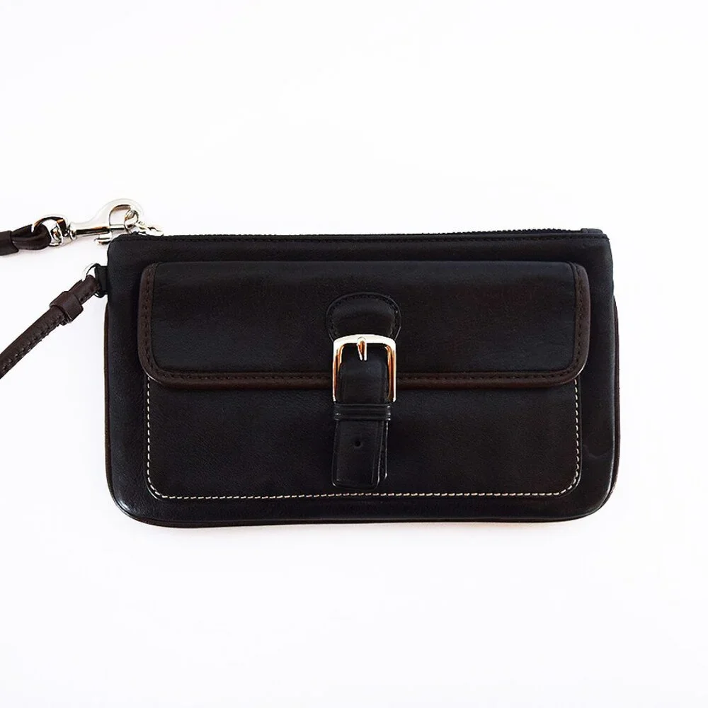 Coach Black Leather Wristlet With Brown Trim